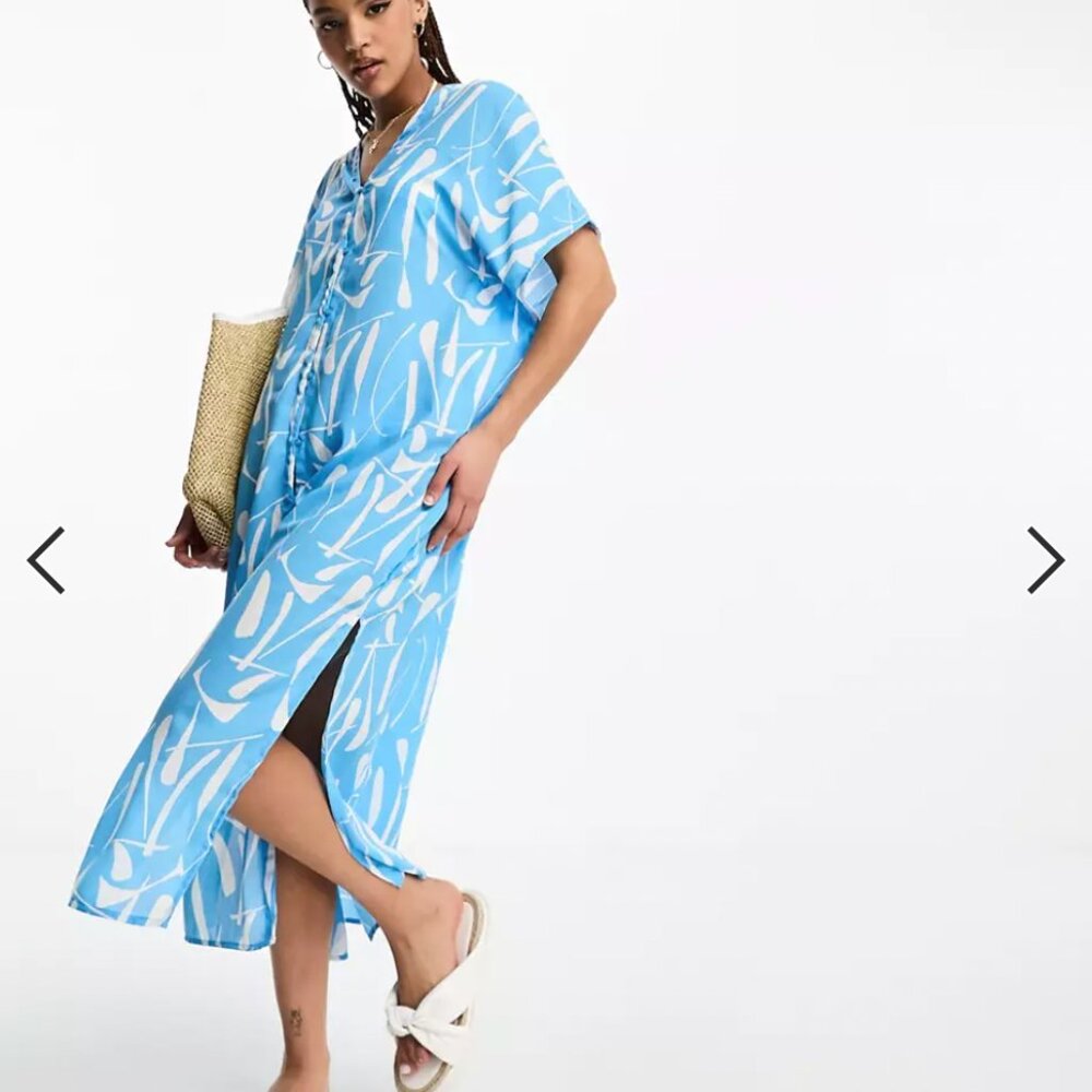 Blue Flowy Maxi Kaftan Summer Dress Beach Cruise Vacation NWT
